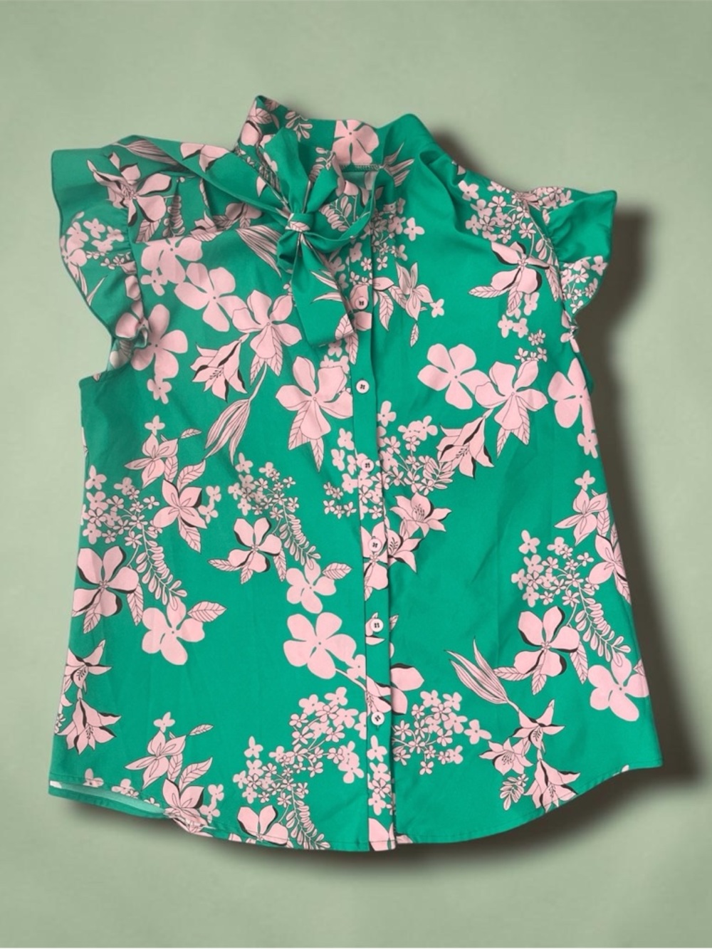 Girls' Green Floral Tie-Neck Blouse